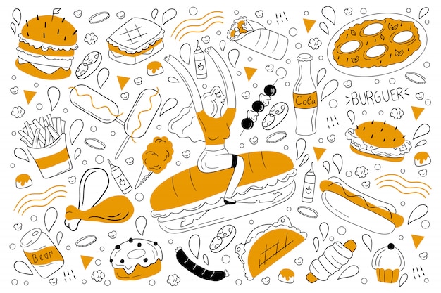 Vector conjunto de doodle de comida rápida