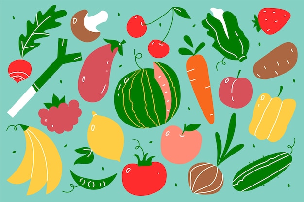 Conjunto de doodle de comida vegetariana. Patrones dibujados a mano frutas y bayas verduras nutrición vegana o menú de comida sandía mango plátano y fresa. Ilustración de productos de jugo tropical.