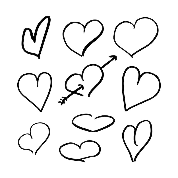 Conjunto de doodle de corazones. Colección de corazones descuidados dibujados a mano. Negro aislado sobre fondo blanco. Ilustraciones vectoriales.