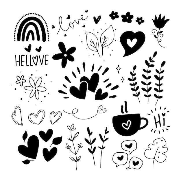 Conjunto de Doodle de corazones y elementos decorativos