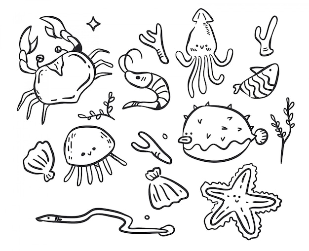 Conjunto de doodle de criaturas marinas