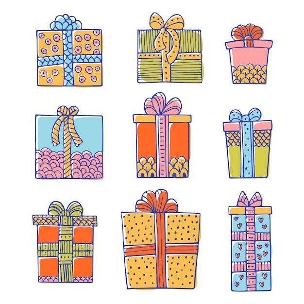 Vector conjunto de doodle cumpleaños o cajas de regalo de navidad aislado sobre fondo blanco.