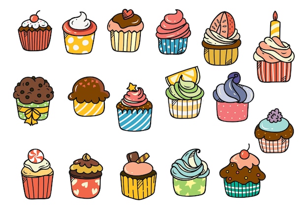 Conjunto de doodle de cupcake