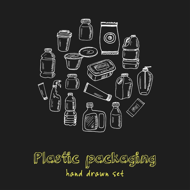 Conjunto de doodle dibujado a mano de envases de plástico