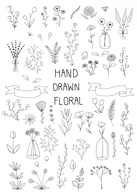 Conjunto de doodle dibujado a mano de flores y hojas