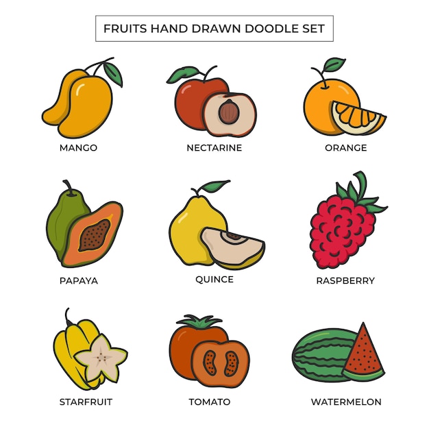 Conjunto de doodle dibujado a mano de frutas con color plano