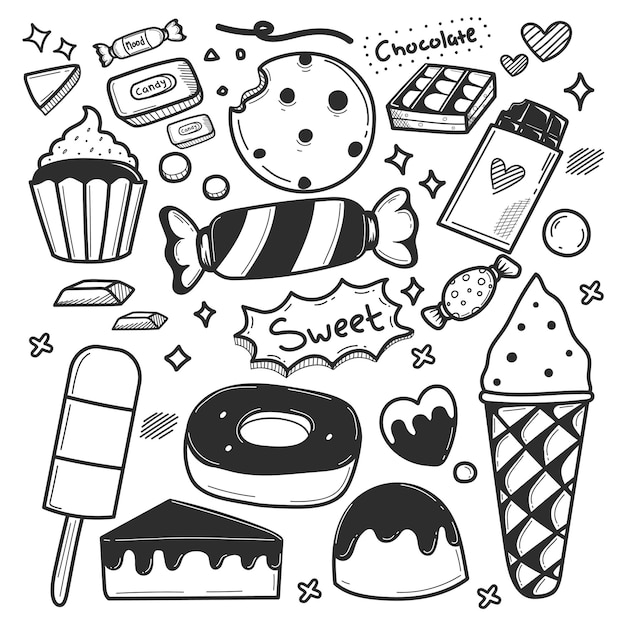 Conjunto de Doodle dibujado a mano de iconos de caramelo