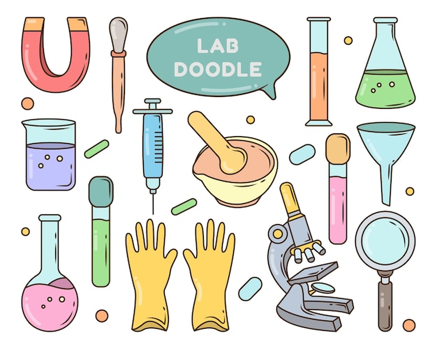 Conjunto de doodle de dibujos animados de equipo de laboratorio dibujado a mano