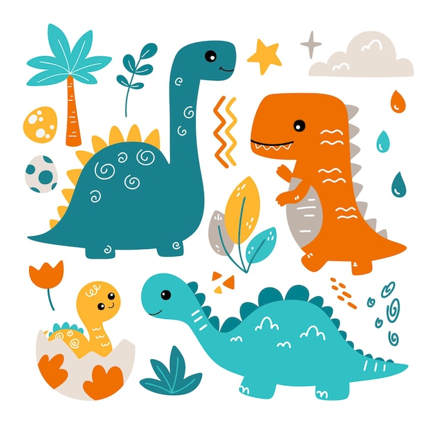 Conjunto de Doodle de dinosaurios y elementos Clipart