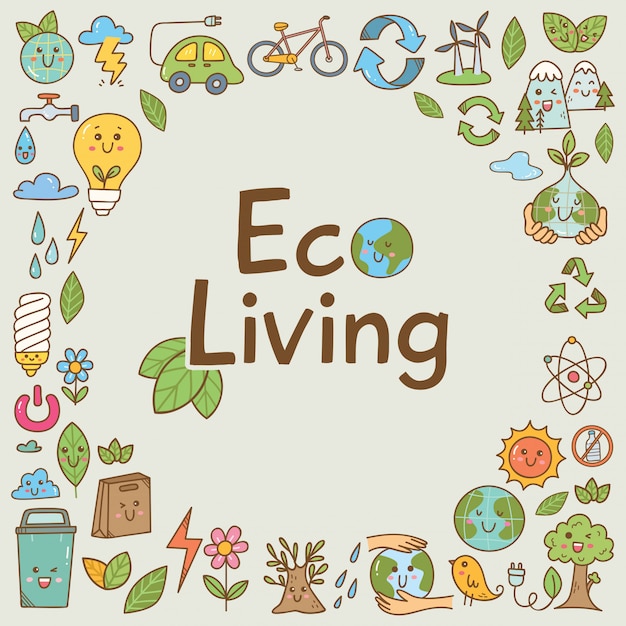 Conjunto de doodle de ecología en estilo kawaii