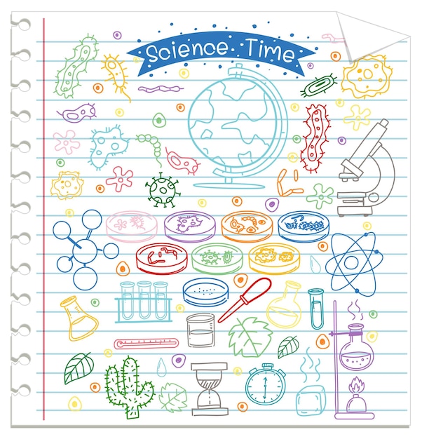 Conjunto de doodle de elemento de ciencia en papel