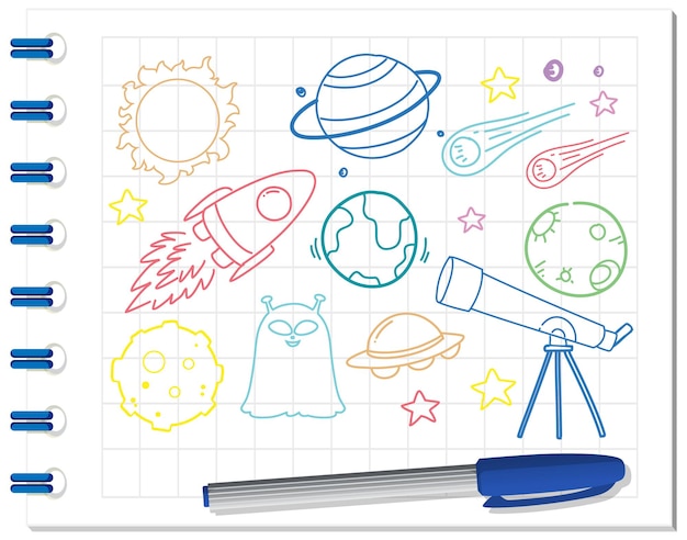 Conjunto de doodle de elemento espacial en cuaderno