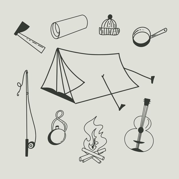 Conjunto de Doodle de elementos de camping y equipo para senderismo en estilo Sketch Herramientas de turismo dibujadas a mano