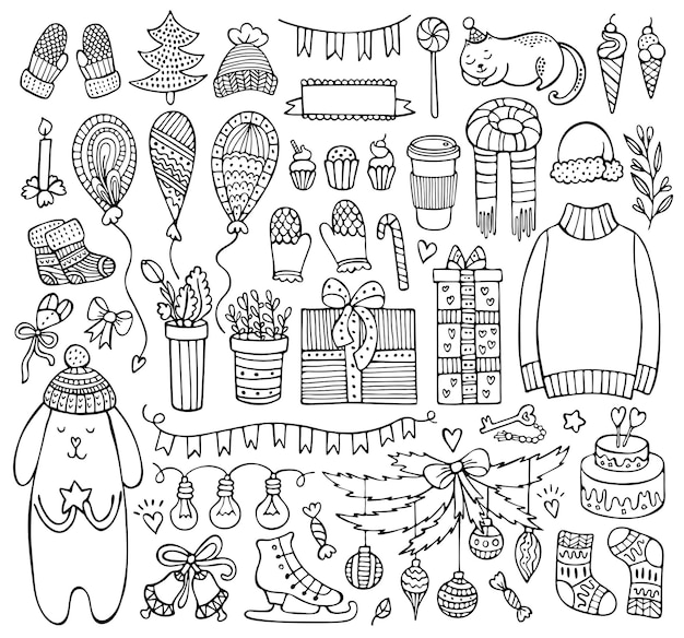 Conjunto de doodle elementos de navidad e invierno aislado sobre fondo blanco.