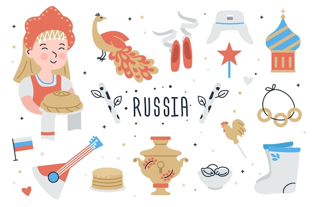 Conjunto de doodle de elementos de Rusia