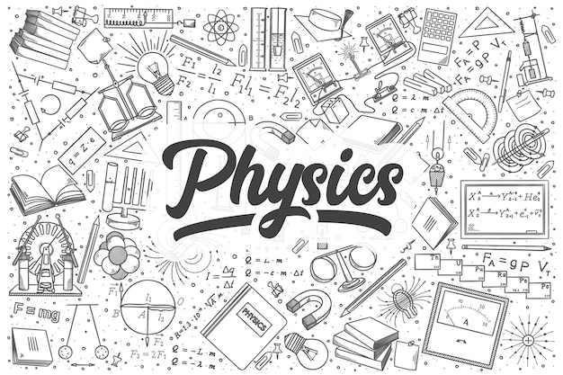 Conjunto de doodle de física dibujado a mano. Rotulación - Física