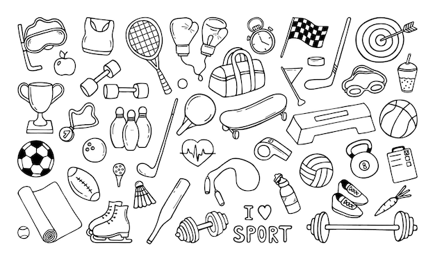 Conjunto de doodle de fitness y deportes dibujados a mano