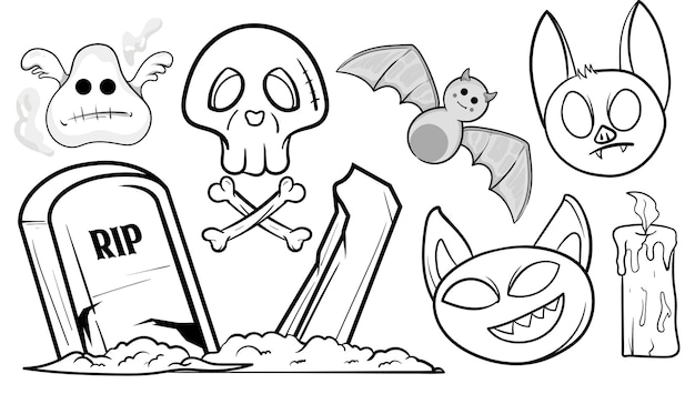 conjunto de doodle de Halloween en blanco y negro elementos de Halloween clipart colección Scary