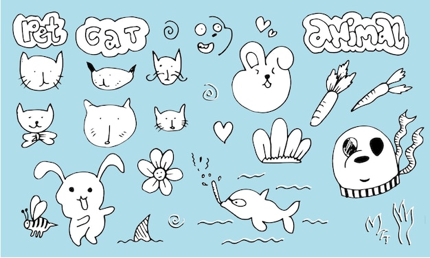 Conjunto de doodle de iconos y accesorios para mascotas