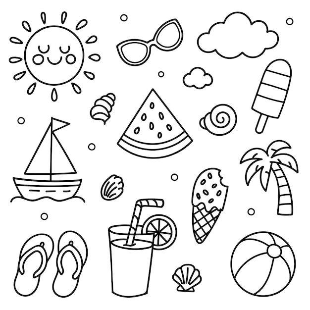 Conjunto de Doodle de iconos con temática de verano, incluidos gafas de sol y artículos de playa