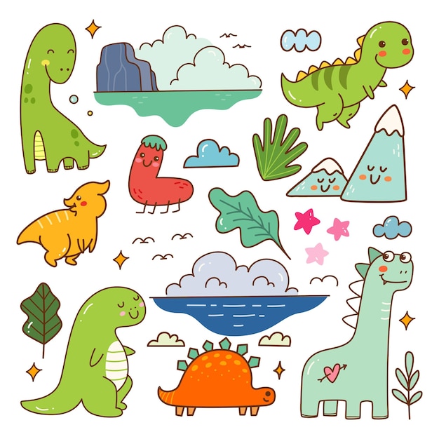 Conjunto de doodle de kawaii de dibujos animados de dinosaurios