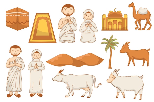 Conjunto de doodle lindo dibujado a mano dibujos animados eid al adha ilustración doodle elemento idul adha eid hajjPrint