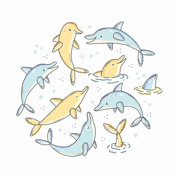 Conjunto de doodle con lindos personajes delfines en forma de círculo ilustración en colores pastel