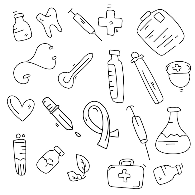 Conjunto de doodle de línea de medicina vector de paquete