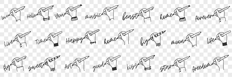 Vector conjunto de doodle de mano humana de escritura