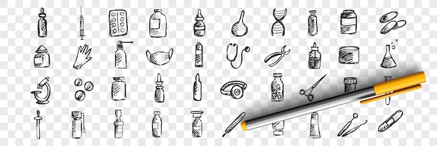 Conjunto de doodle de medicina. Colección de patrones de plantillas de bocetos dibujados a mano de píldoras de tratamiento jeringa cura farmacológica sobre fondo transparente. Ilustración de asistencia sanitaria y médica.