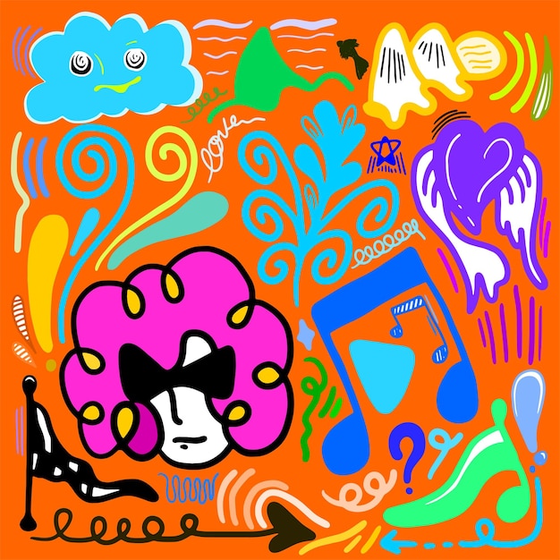 Vector conjunto de doodle de moda y iconos abstractos de la naturaleza estilo vintage pegatina de cara feliz