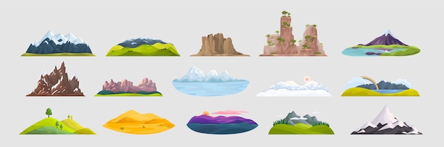 Conjunto de doodle de montañas. Colección de dibujos animados dibujando objetos rocosos en las cimas de las colinas y paisajes al aire libre con picos invernales y dunas de arena. Ilustración de destinos turísticos de viaje de terreno natural.