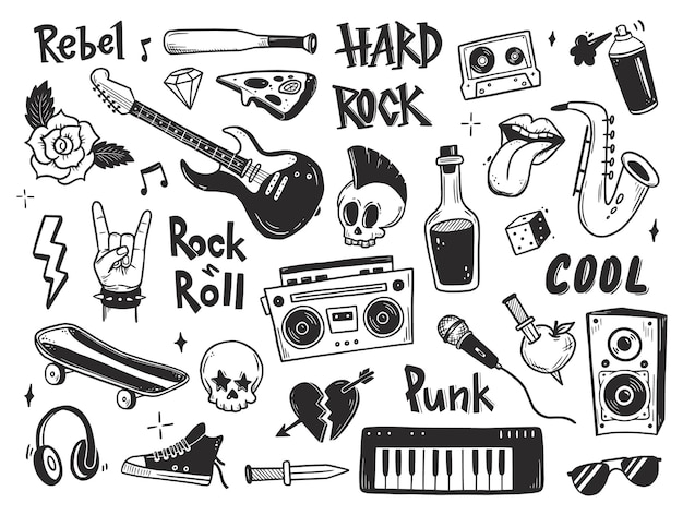 Conjunto de doodle de música rock n roll punk