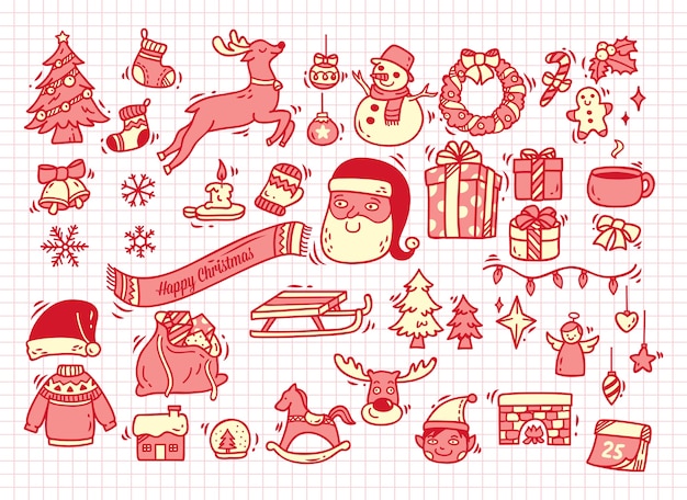 Conjunto de doodle de navidad sobre papel