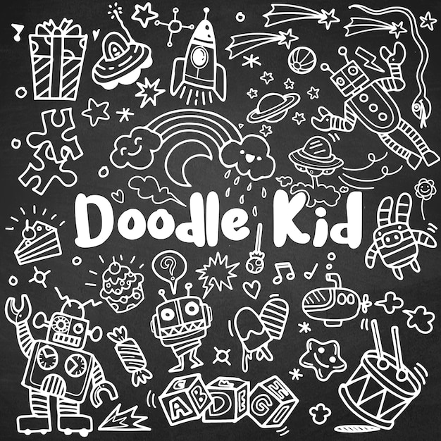 Conjunto de doodle de niños dibujados a mano, estilo Doodle, ilustración vectorial