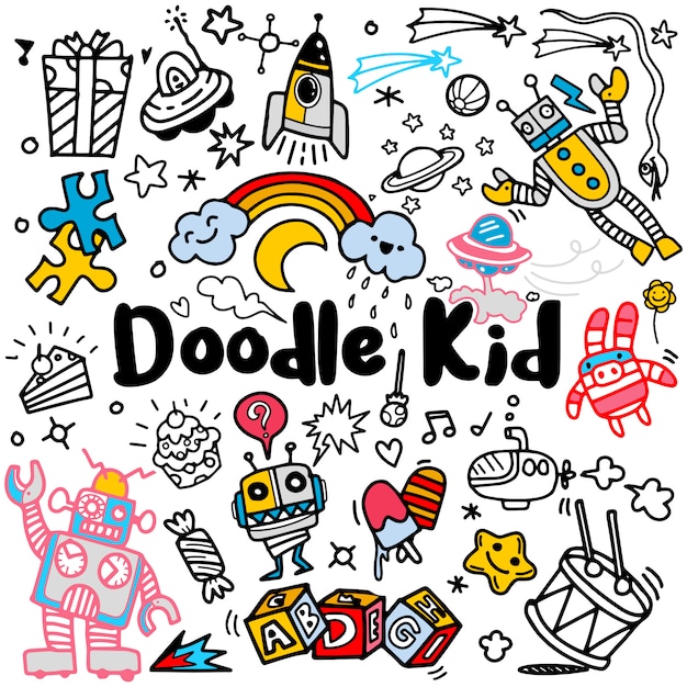 Conjunto de doodle de niños dibujados a mano, estilo doodle, ilustración vectorial