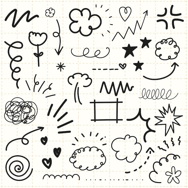 Conjunto de Doodle con nubes, flechas y estrellas Incluye remolinos, corazones y flores Doodles divertidos y caprichosos para proyectos creativos y diseños lúdicos Conjunto vectorial de elementos dibujados a mano en negro
