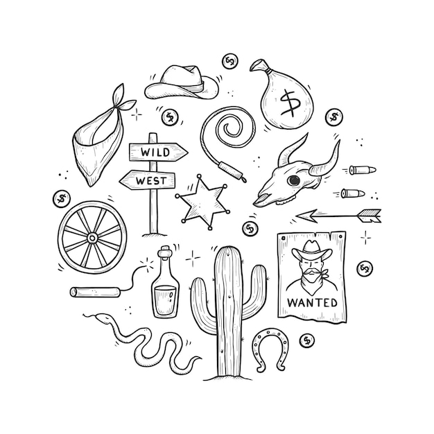 Conjunto de doodle occidental de vaquero. estilo de línea de boceto dibujado a mano. sombrero de vaquero, cráneo de vaca, pistola, elemento cactus. ilustración de vector del salvaje oeste.