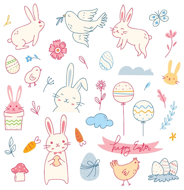 Conjunto de doodle de Pascua aislado sobre fondo blanco