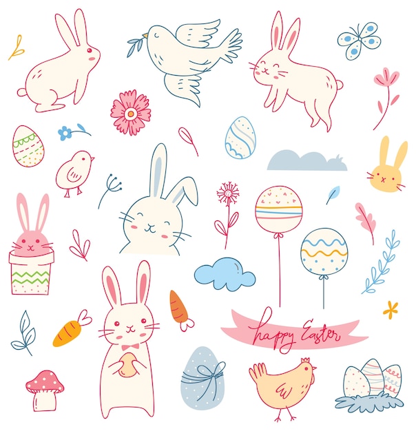 Conjunto de doodle de Pascua aislado sobre fondo blanco