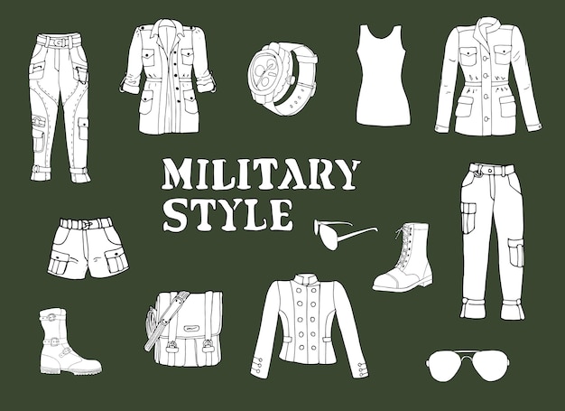 Conjunto de doodle de ropa de mujer de estilo militar