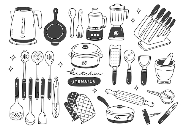 Vector conjunto de doodle de utensilio de cocina dibujado a mano