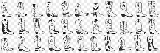 Conjunto de doodle de varias botas de vaquero