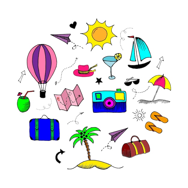 Conjunto de doodle de viaje. Elementos de colores simples aislados en blanco. Colección de ilustración de dibujos animados dibujados a mano.