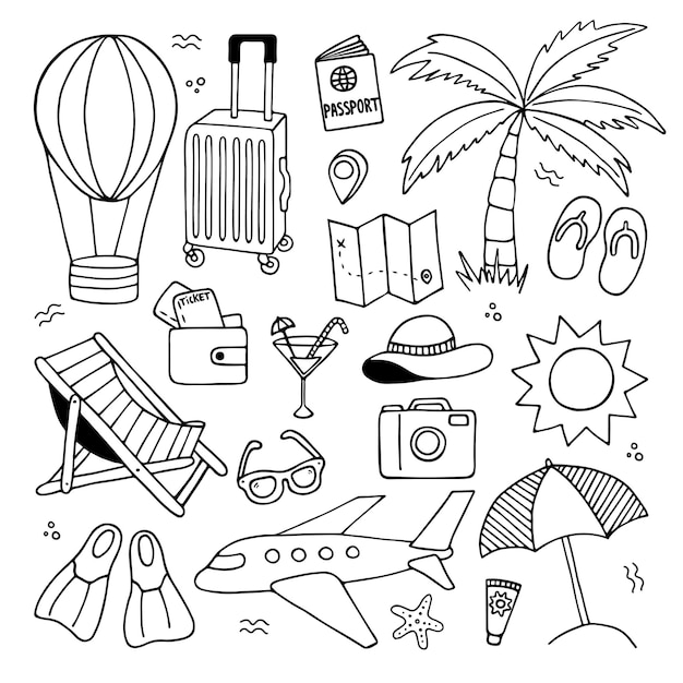 Conjunto de doodle de viajes dibujados a mano.