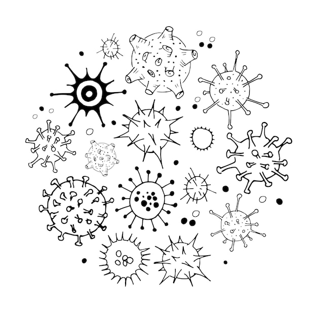 Conjunto de doodle de virus y bacterias. Colección de ilustraciones simples dibujadas a mano. Aislado en blanco. Vector
