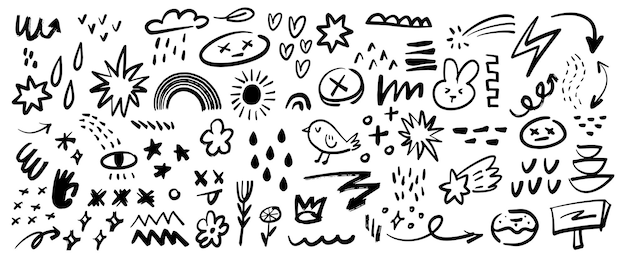 Conjunto de doodles creativos dibujados a mano, dibujos vectoriales lúdicos, símbolos y bocetos