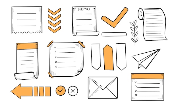 Conjunto de doodles dibujados a mano de marcas de comprobación y flechas de papel