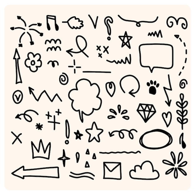 Conjunto de doodles expresión dibujada a mano de dibujos animados imagen de doodle curva dirección flecha diseño de efecto emoticon