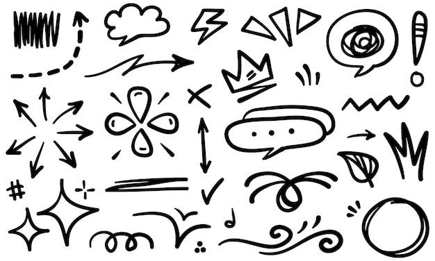 Conjunto de doodles de expresión dibujada a mano signo de dibujos animados curva de doodle flechas direccionales efectos de emoticones elementos de diseño personajes de dibujes animados símbolos de emoción líneas de pincel decorativas lindas